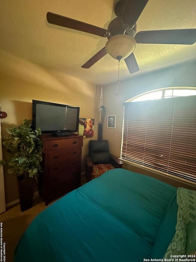 bedroom featuring a ceiling fan and a textured ceiling
