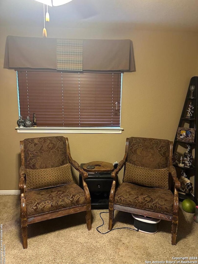 living area featuring carpet flooring