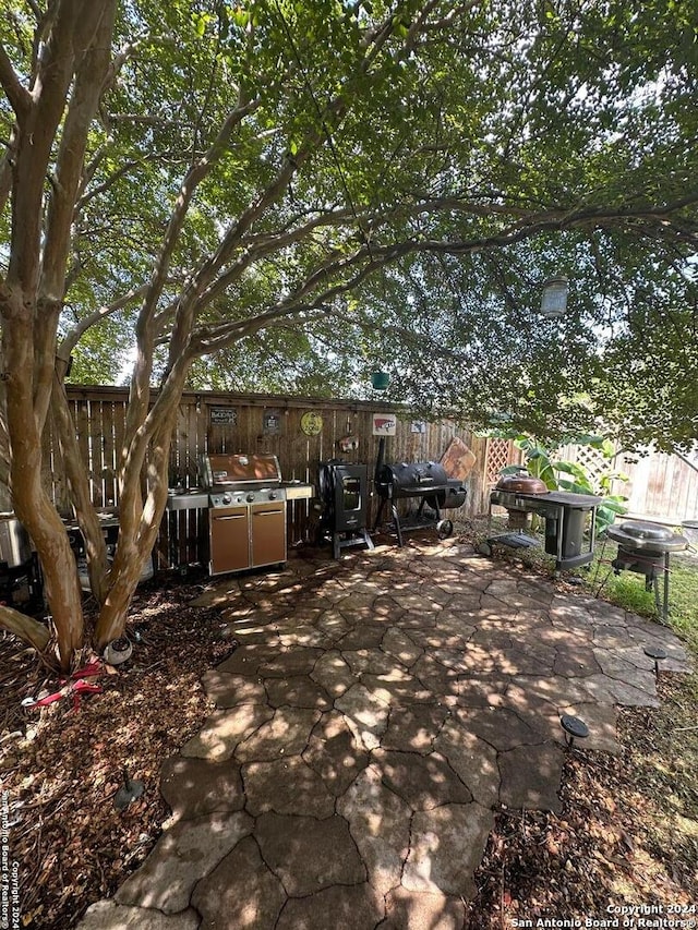 view of yard with fence and a patio area