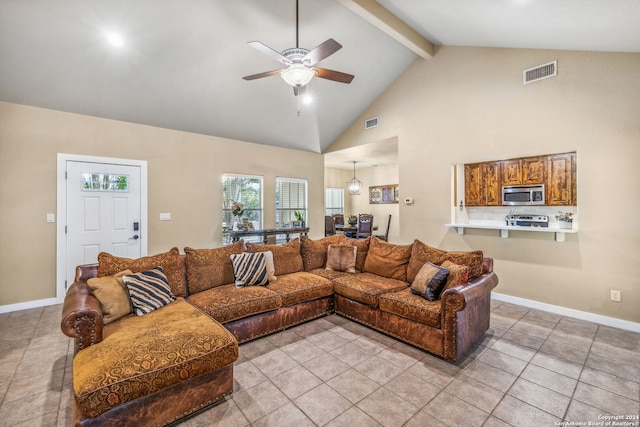 tiled living room with beam ceiling, high vaulted ceiling, and ceiling fan