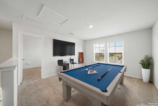 recreation room featuring pool table and light carpet