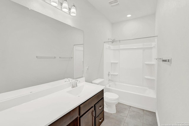 full bathroom with toilet,  shower combination, tile patterned flooring, and vanity