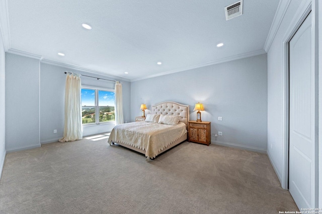 carpeted bedroom with recessed lighting, visible vents, and ornamental molding