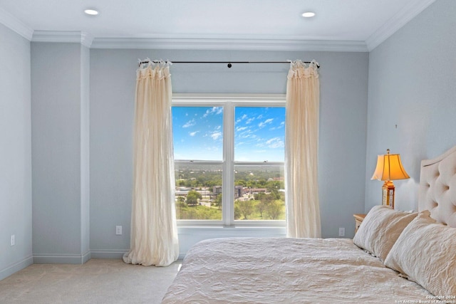 bedroom featuring baseboards, recessed lighting, carpet flooring, and crown molding