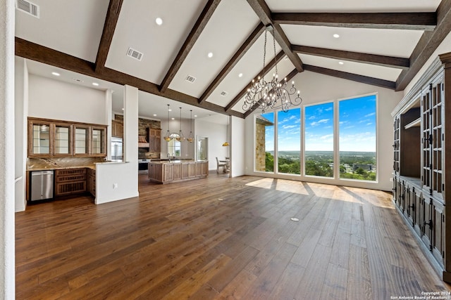 unfurnished living room with beam ceiling, high vaulted ceiling, an inviting chandelier, and dark hardwood / wood-style flooring