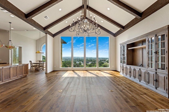 unfurnished living room featuring high vaulted ceiling, beamed ceiling, wood finished floors, and visible vents