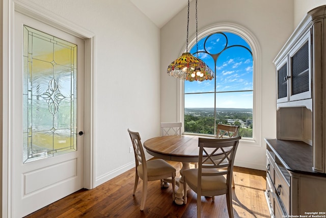 dining room with vaulted ceiling and hardwood / wood-style floors