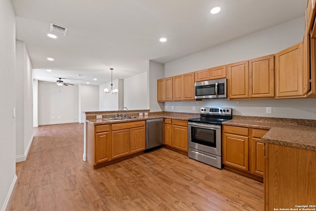 kitchen featuring stainless steel appliances, pendant lighting, light wood-type flooring, sink, and kitchen peninsula