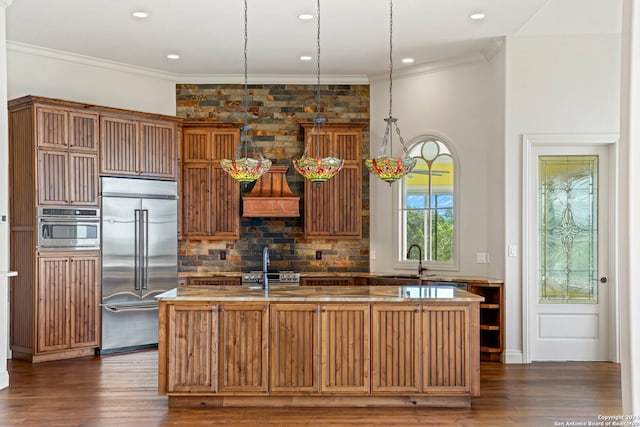 kitchen with decorative backsplash, premium appliances, an island with sink, premium range hood, and dark hardwood / wood-style flooring