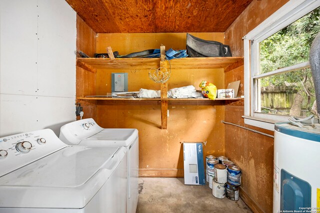 laundry area with water heater and washer and clothes dryer