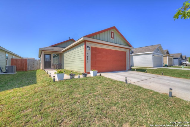 ranch-style house featuring an attached garage, central AC unit, a front yard, fence, and driveway