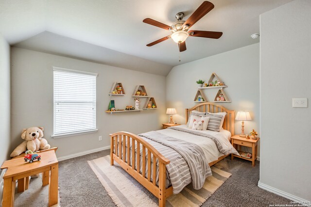 full bathroom featuring toilet, tile patterned floors, lofted ceiling, shower / tub combo with curtain, and vanity