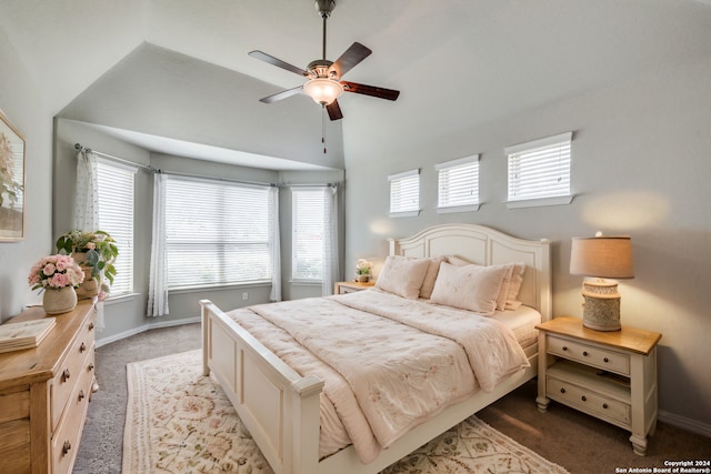 bedroom with ceiling fan and carpet flooring