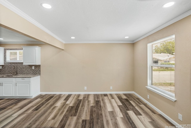 interior space featuring crown molding, baseboards, a sink, and wood finished floors