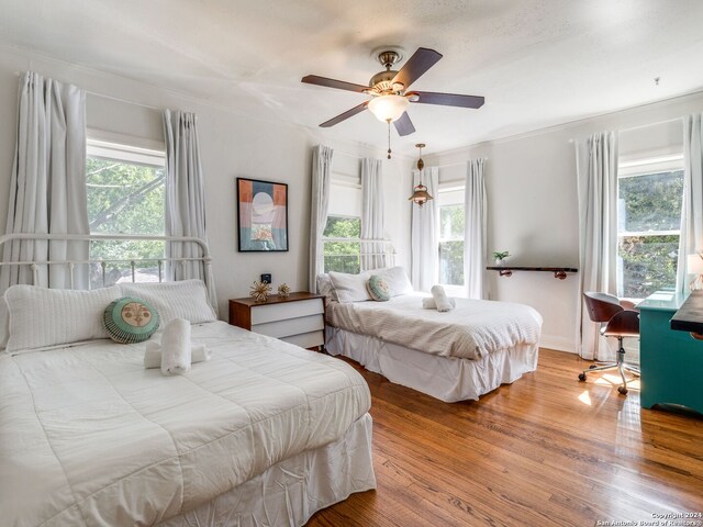 bedroom featuring ceiling fan, wood-type flooring, and multiple windows