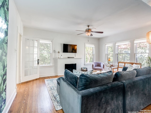 living room featuring ceiling fan and light hardwood / wood-style floors