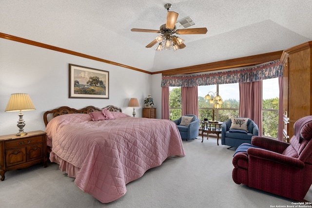 bedroom featuring ceiling fan, a textured ceiling, light colored carpet, and lofted ceiling