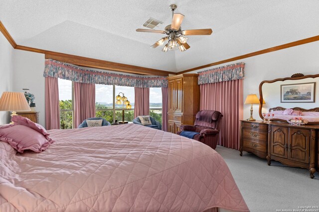 carpeted bedroom with ceiling fan, a textured ceiling, multiple windows, and access to exterior