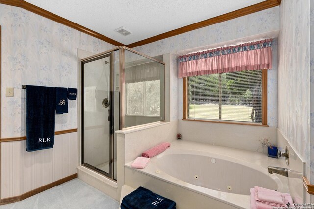 bathroom with a shower stall, a textured ceiling, a whirlpool tub, and wallpapered walls