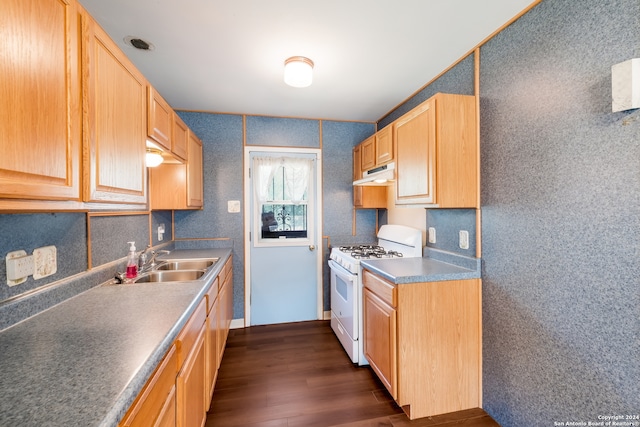 kitchen featuring dark hardwood / wood-style flooring, sink, and gas range gas stove