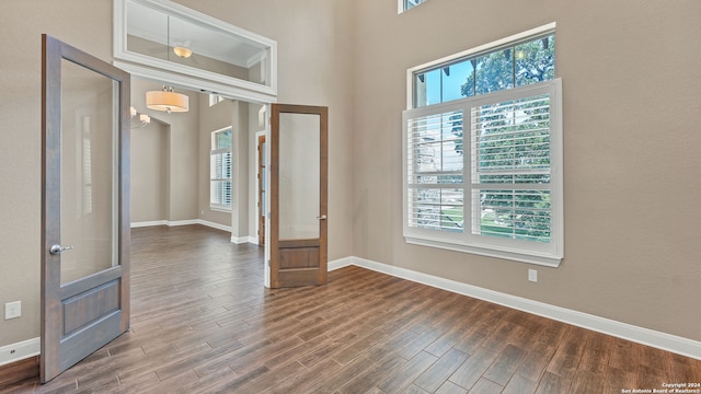 spare room featuring french doors, hardwood / wood-style flooring, and a wealth of natural light