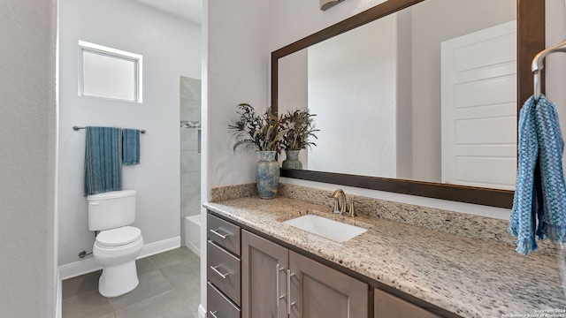 full bathroom with tile patterned floors, vanity,  shower combination, and toilet