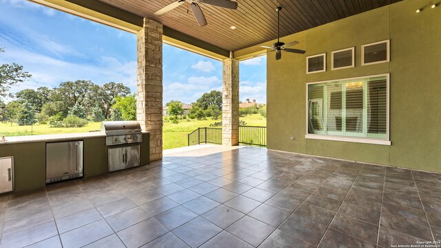 view of patio / terrace featuring ceiling fan and grilling area