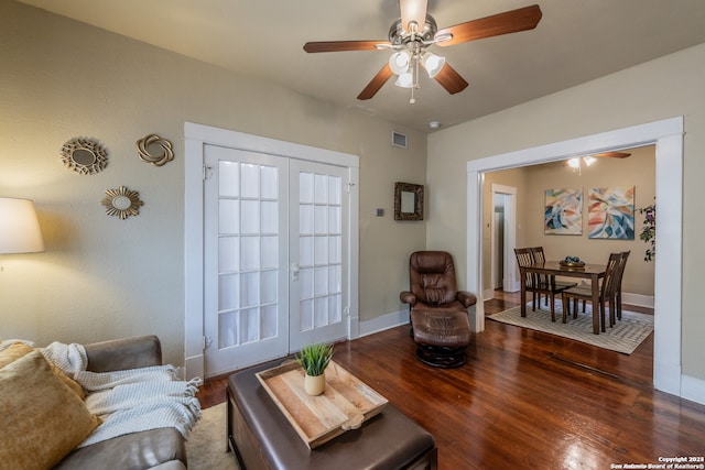 living room with french doors, hardwood / wood-style floors, and ceiling fan