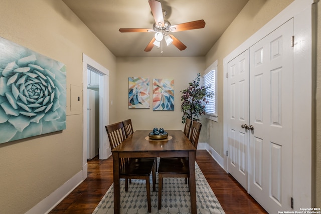 dining space with ceiling fan and dark hardwood / wood-style flooring