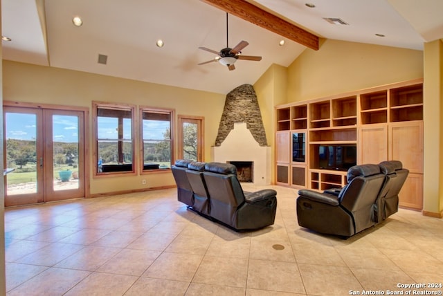 living room featuring french doors, a fireplace, ceiling fan, high vaulted ceiling, and beamed ceiling