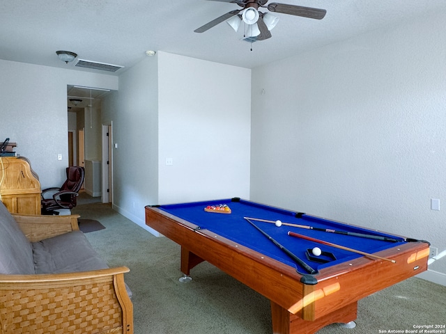 game room with pool table, ceiling fan, and carpet floors