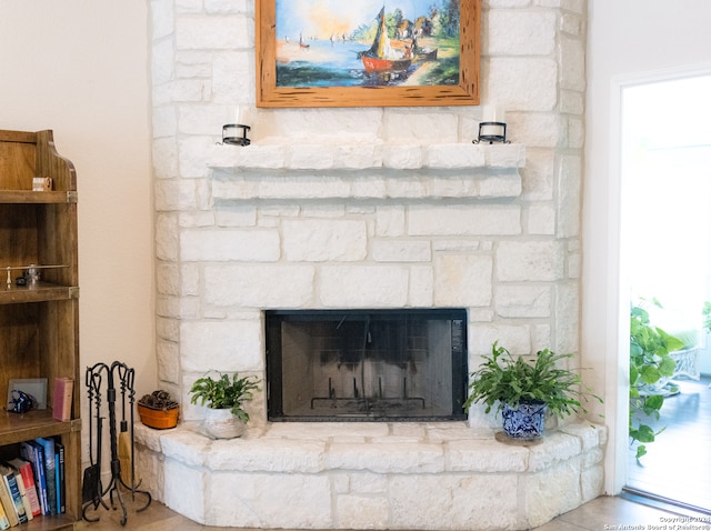 room details with a stone fireplace