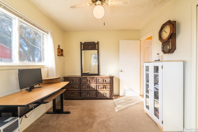 carpeted office space featuring ceiling fan and a textured ceiling