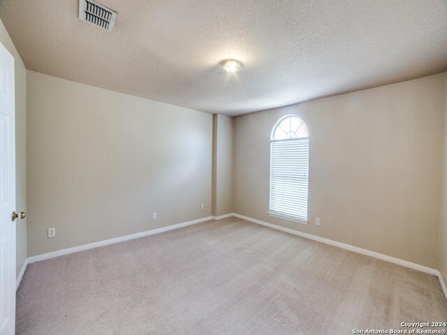 spare room featuring light carpet and a textured ceiling