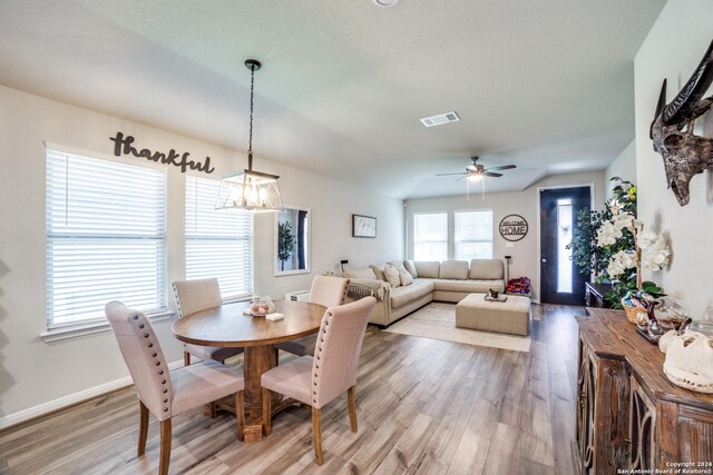 dining space with light hardwood / wood-style floors, ceiling fan with notable chandelier, and a healthy amount of sunlight