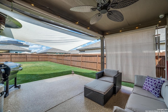 view of patio / terrace with ceiling fan, a grill, and outdoor lounge area