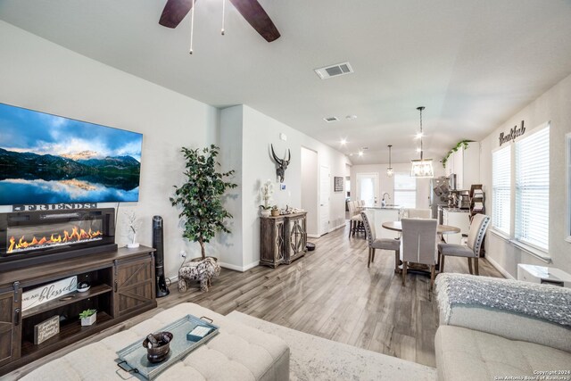 living room featuring ceiling fan and wood-type flooring