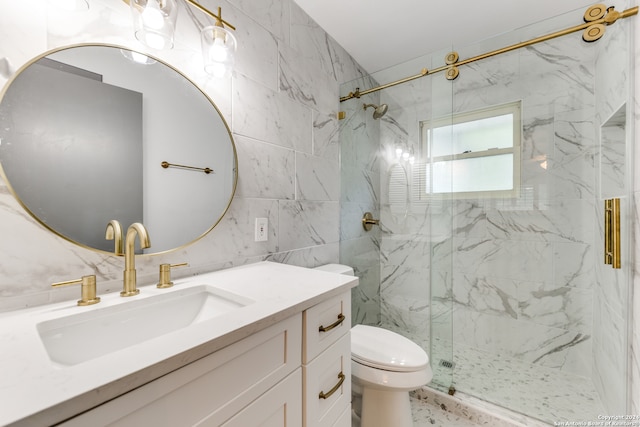 bathroom featuring vanity, tile walls, walk in shower, and toilet