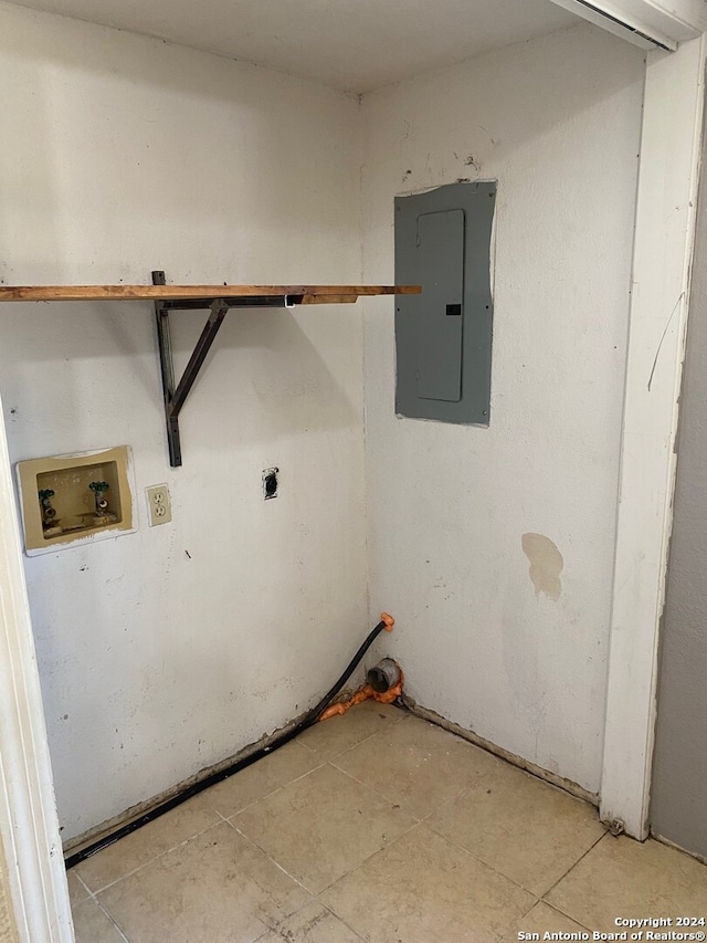 laundry room featuring hookup for an electric dryer, washer hookup, electric panel, and light tile patterned floors