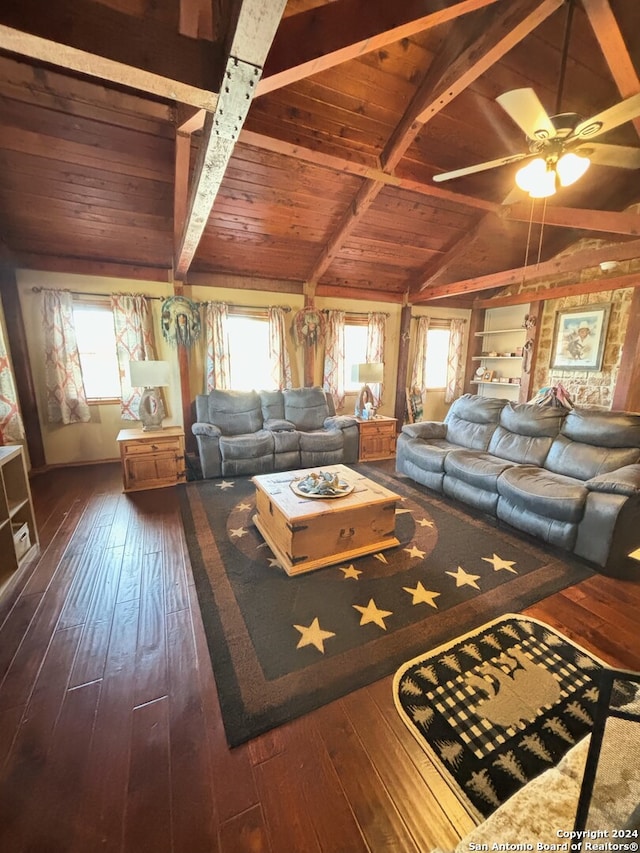 unfurnished living room with lofted ceiling with beams, dark wood-style flooring, wooden ceiling, and a ceiling fan