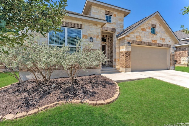 view of front of home with a garage, stone siding, concrete driveway, and brick siding