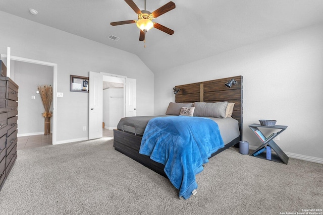 carpeted bedroom with lofted ceiling, ceiling fan, visible vents, and baseboards