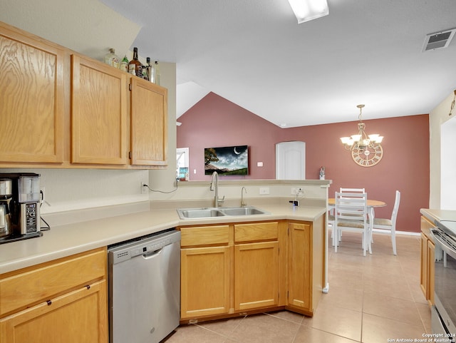 kitchen featuring stove, a notable chandelier, dishwasher, sink, and light tile patterned flooring