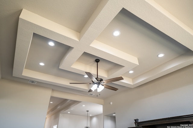 interior details with coffered ceiling, a raised ceiling, beamed ceiling, and ceiling fan