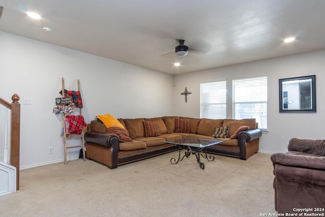 3802 Blue Oak Pass, San Antonio, TX 78223 - carpeted living room featuring baseboards, a ceiling fan, and recessed lighting
