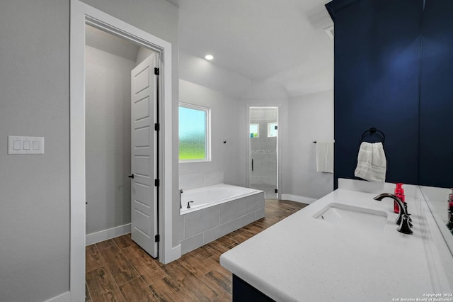 bathroom featuring wood-type flooring, independent shower and bath, and vanity