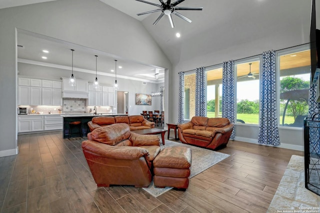 living room with sink, high vaulted ceiling, ceiling fan with notable chandelier, and wood-type flooring