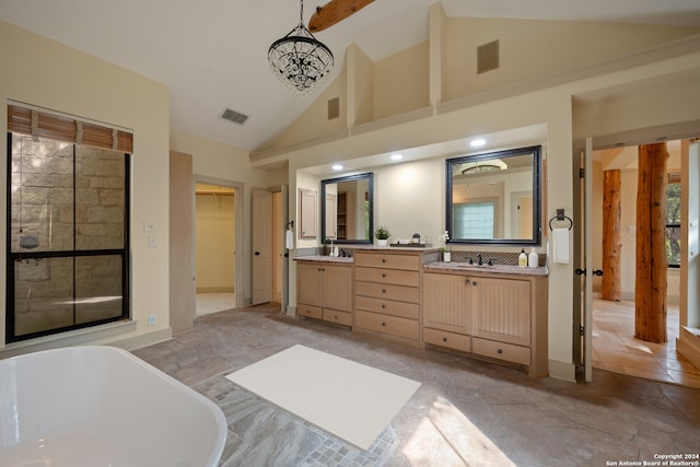 bathroom with tile patterned flooring, a washtub, high vaulted ceiling, and double sink vanity