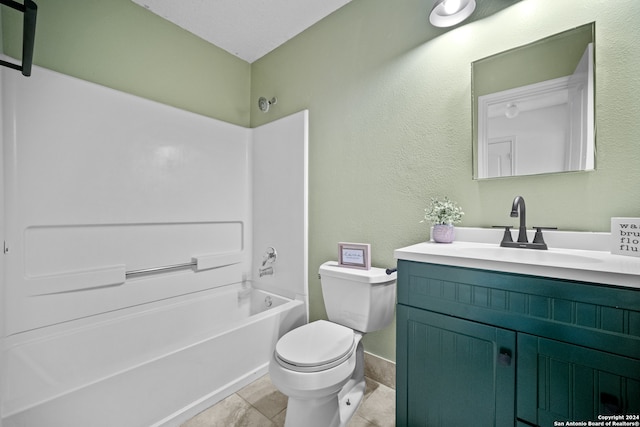 full bathroom with shower / bath combination, toilet, tile patterned floors, and vanity