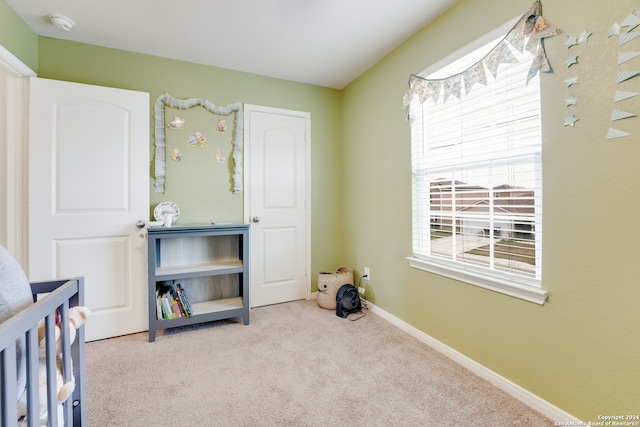 bedroom with light colored carpet